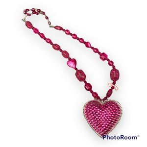 Tarina Tarantino pink Swarovski rhinestone Valentines Day heart necklace XL